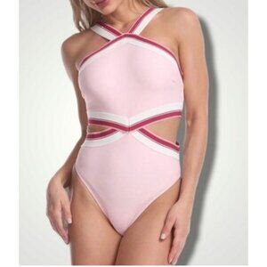 Juicy Women's Sz XL Couture Pink Striped One-Piece Swimsuit Crisscross Straps